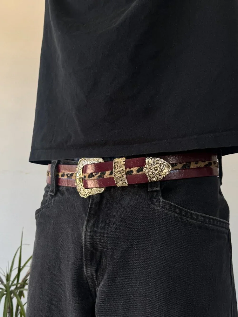 Deep Burgundy Leopard Inlay Ornate Western Belt